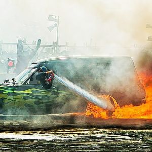 Burnout Passenger Puts Out FIRE...BIGGEST Burnouts in the WORLD!!